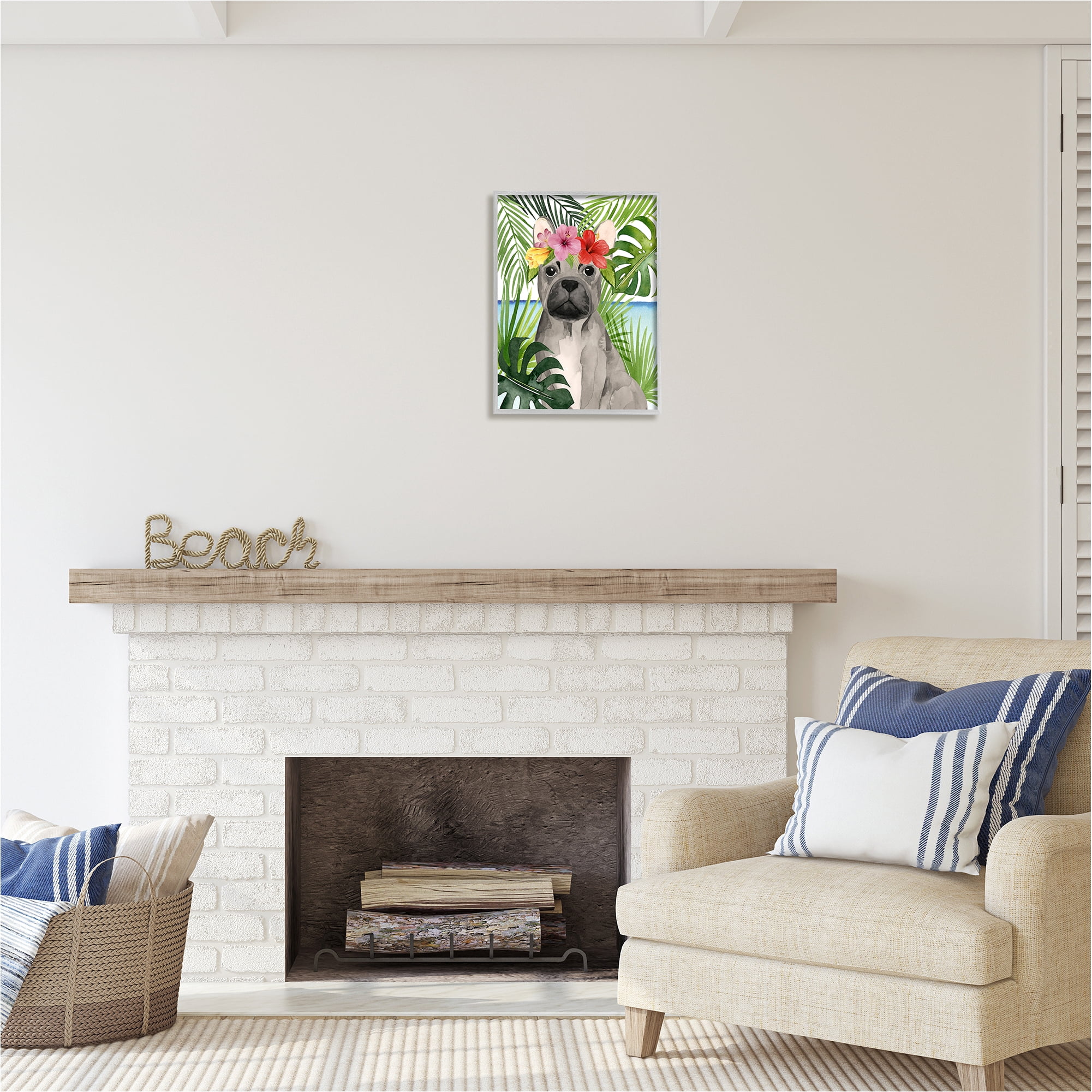 Stupell Industries Tropical French Bulldog Animals & Insects Painting Gray Framed Art Print Wall Art, 16 x 20
