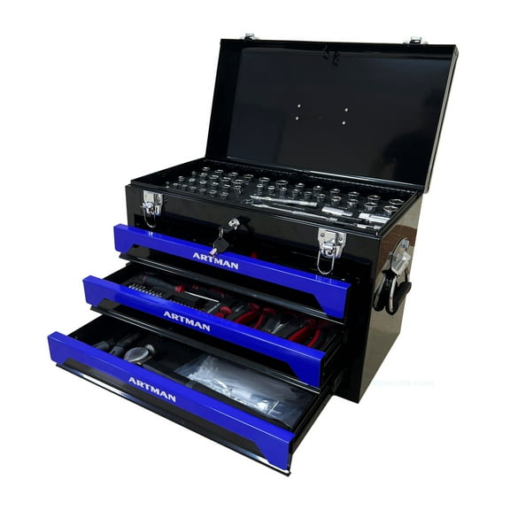20'' Steel Toolbox, 3-Drawer Tool Box with Tools, Portable Tool Organizer with Metal Latches & Handle, Multi-Function Tool Storage for Garage, Home, Workbench - Black & Blue
