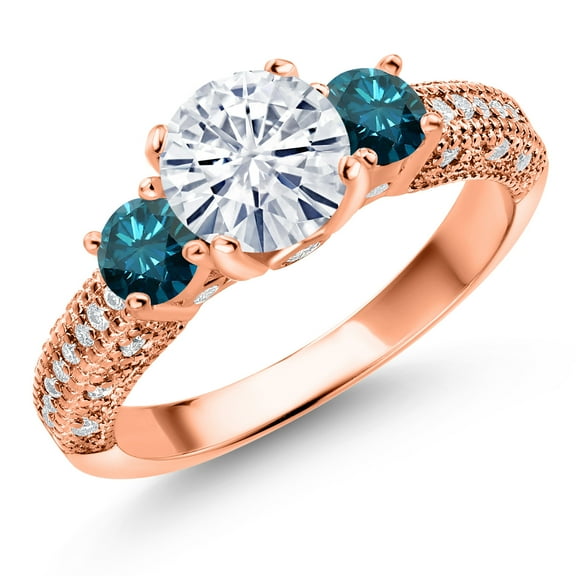 Gem Stone King 18K Rose Gold Plated Silver White Moissanite and Blue Diamond Engagement Ring for Women (1.82 Cttw, Gemstone, Round 7MM and 4MM, Size 8)