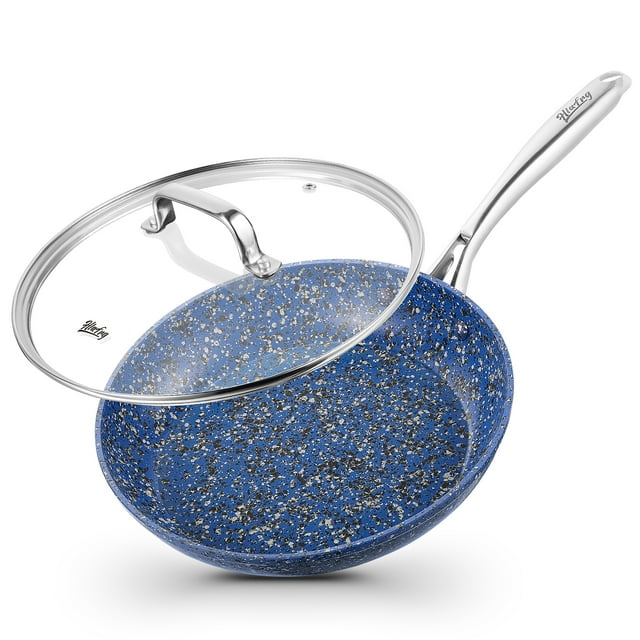 HLAFRG 10 inch Frying Pan with Lid, Blue Granite Skillet, Even Heating and Less Oil, Suitable for All Stove, 10 inch Omelet Pan with Heat-Resistant Handle