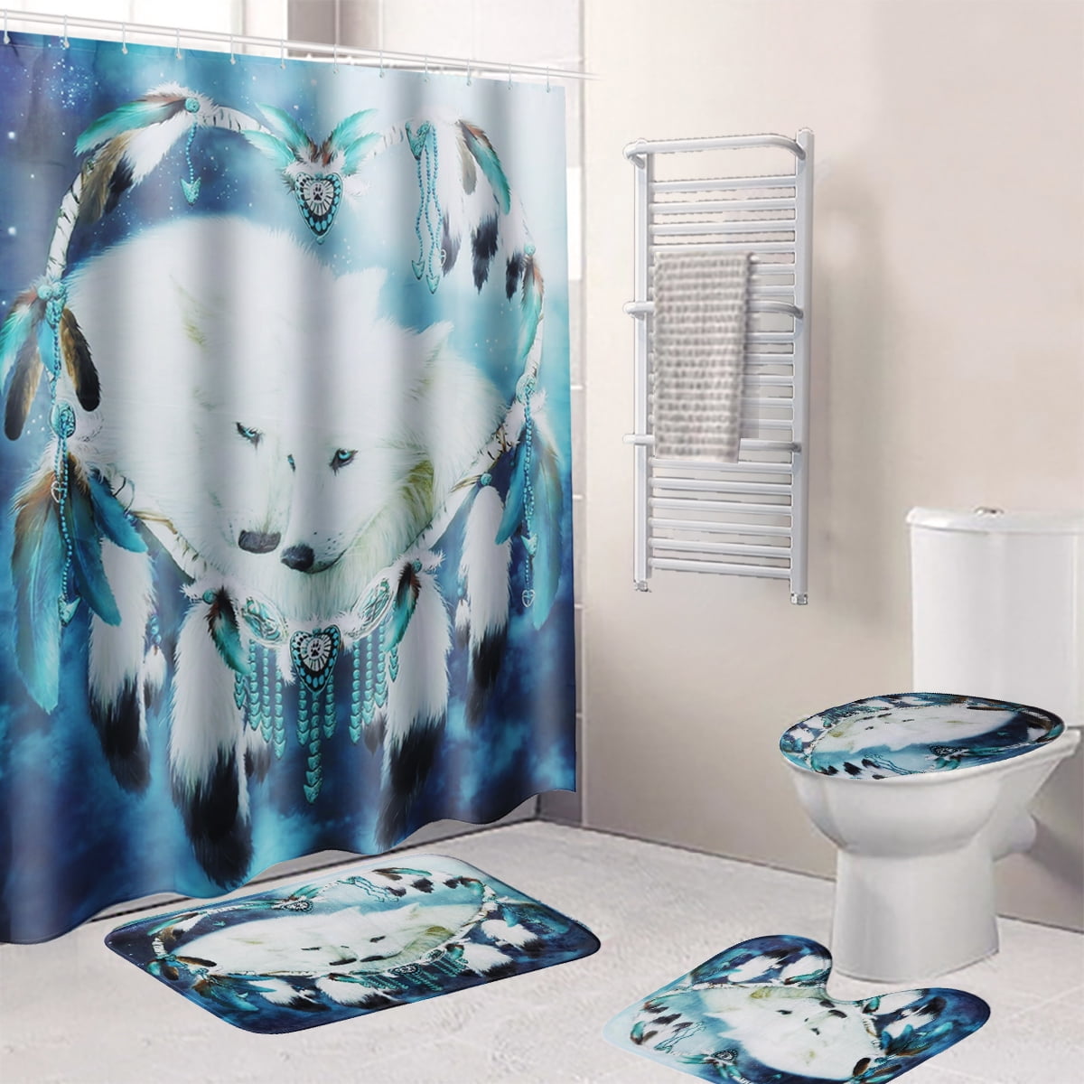 Forest Wolf Art Print Shower Curtain Bath Mat Toilet Cover Rug Bathroom Decor 