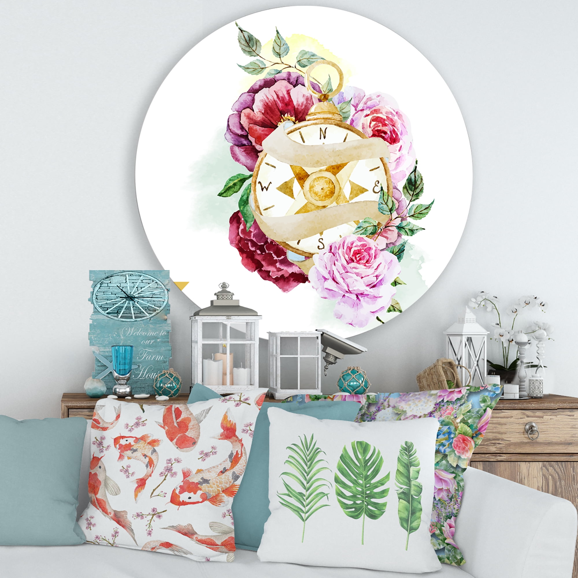 Designart 'Compass Among Flowers' Traditional Circle Metal Wall Art 36x36 - Disc of 36