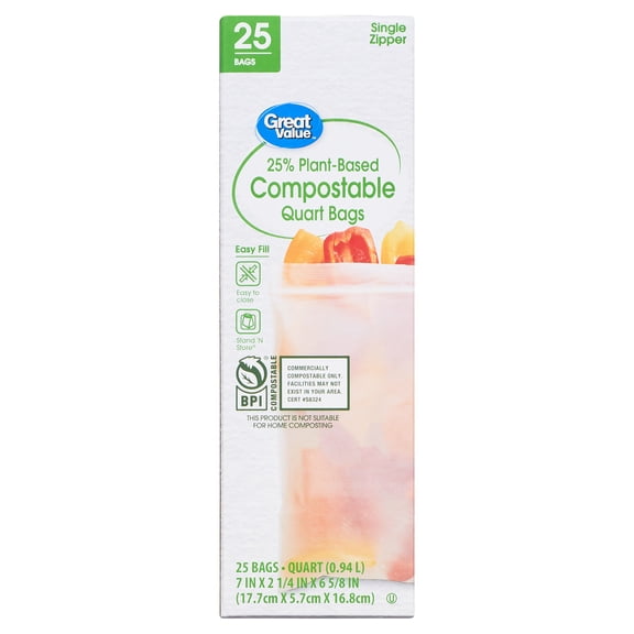 Great Value 25% Plant-Based Compostable Quart Bags, 25 Count