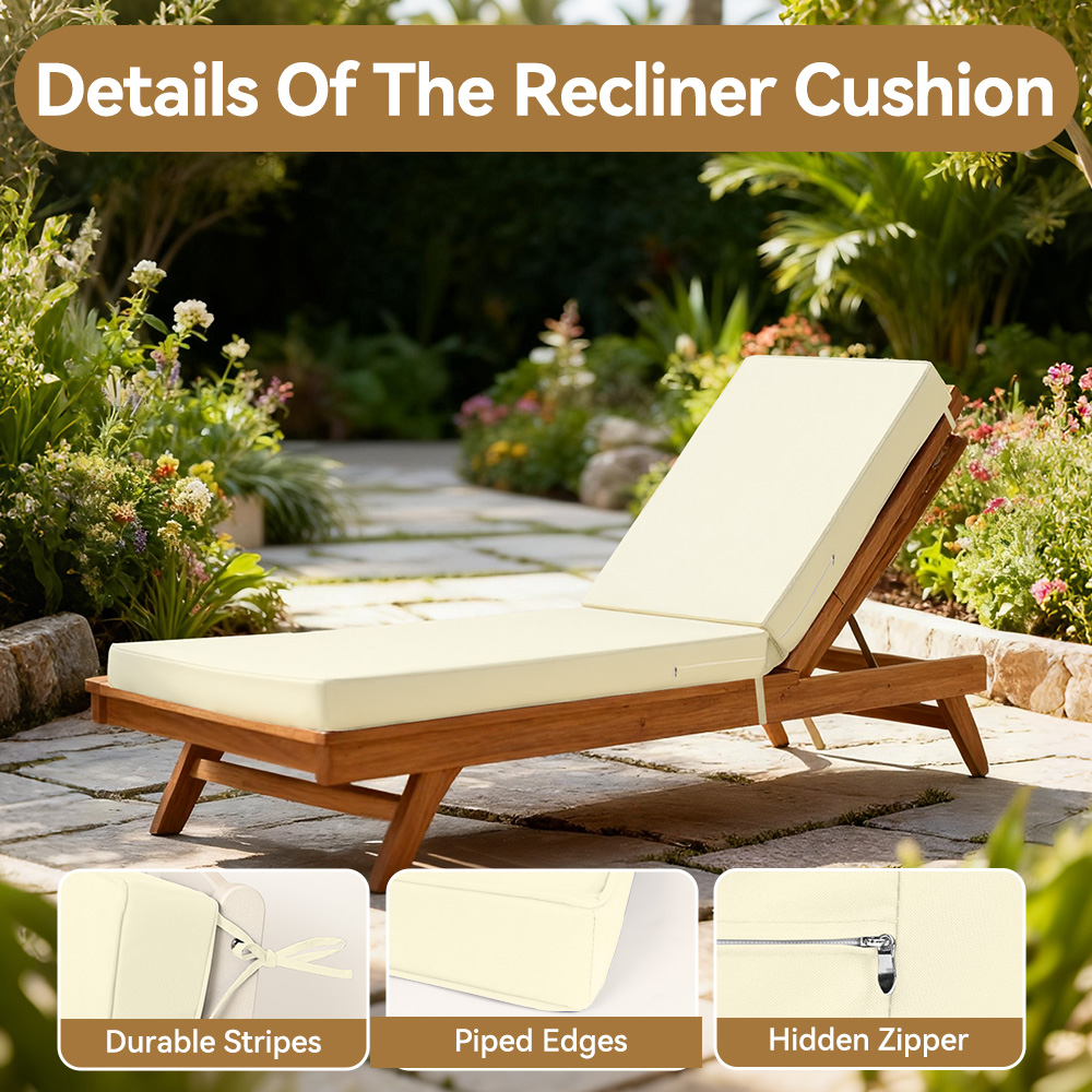 ROFIELTY 72 x 21 Inch Outdoor Chaise Lounge Cushion, 3" Thick Double-Sided Waterproof UV Resistant, Replacement Pad with Secure Ties & Hidden Zipper, for Poolside Beach Backyard, Beige