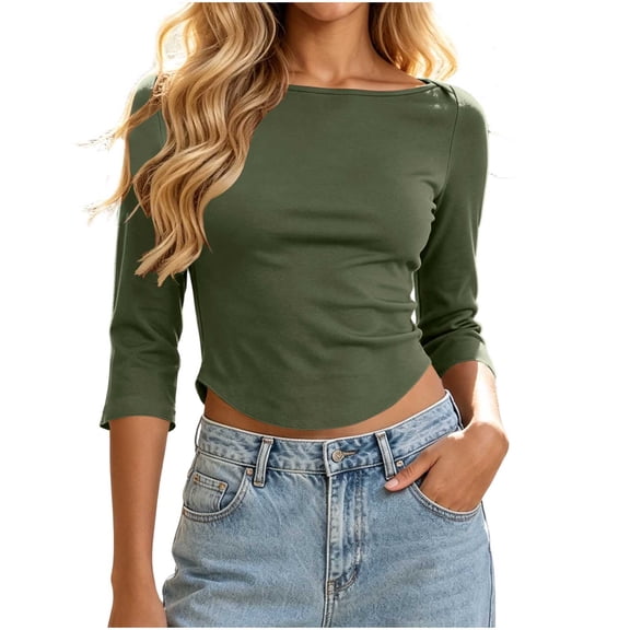 Yangnuo Women Solid Boat Neck 3/4 Sleeve Curved Hem Fitted Cropped Casual Layering Fashion Tops For Women