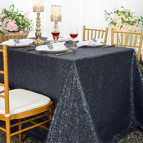 Wedding Linens Inc. 90'' x 156" Rectangular Sequin Taffeta Tablecloth - Pewter