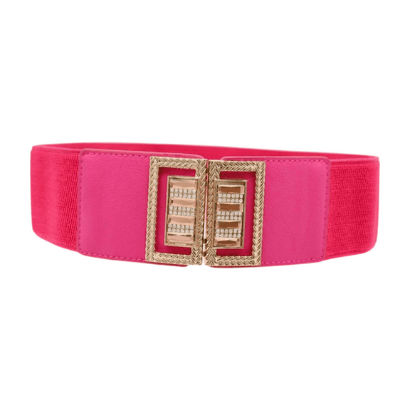 Women Pink Elastic Fashion Belt Gold Bling Square Buckle Size S M