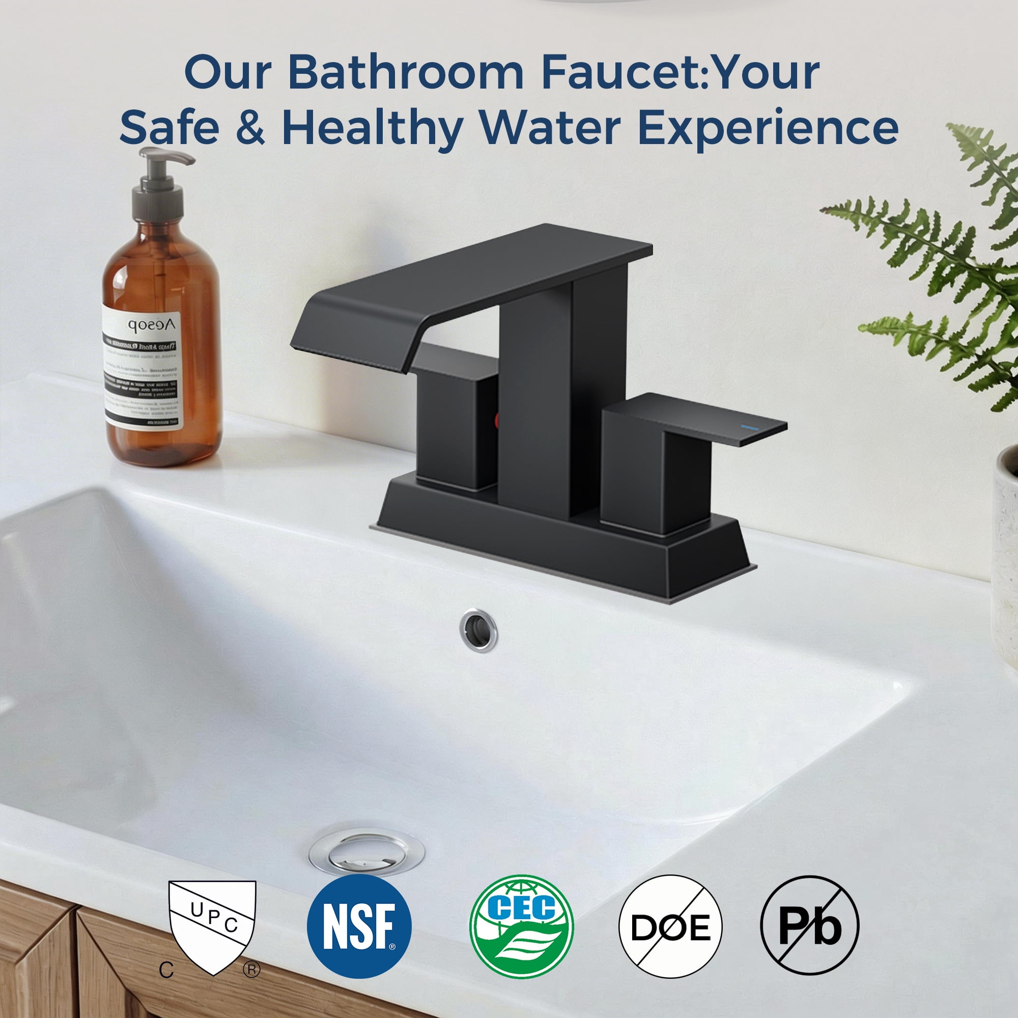 TVOFEK Waterfall Bathroom Faucet, 4 inch Black Water Faucet for Sink 3 or 2 Hole with Metal Pop up Drain, Stainless Steel Faucet for Vanity RV