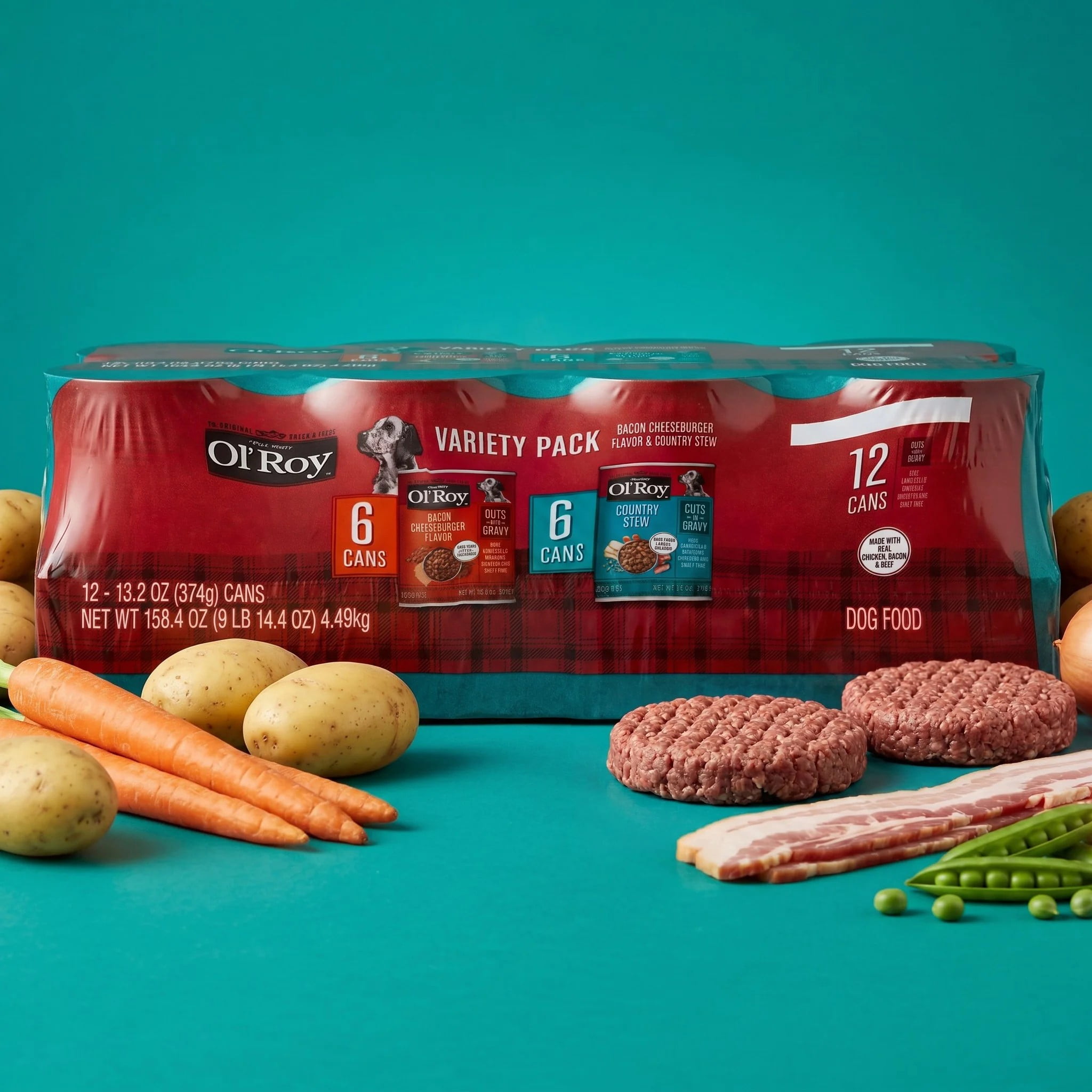 (6 pack) Ol' Roy Bacon Cheeseburger and Country Stew Cuts in Gravy Wet Dog Food Variety Pack, 13.2 oz Cans, 12 Pack