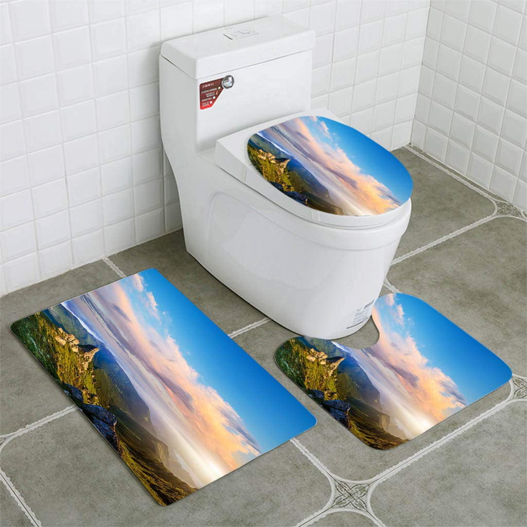 S 3pcs Ocean Styles Bathroom Rug Set Bath Mat Contour Toilet Lid Cover 3PCS Set 