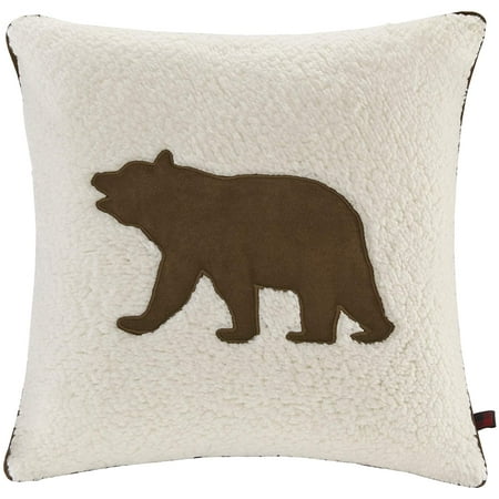 Bear Square Berber Pillow White 18x18  100% Polyester By Visit the Woolrich Store Accent your home with the Woolrich Bear Square Berber Pillow. An applique brown bear on the face of this decorative pillow is surrounded by soft berber and reverses to a faux suede for a cozy look. The square pillow features a zipper closure that allows you to remove the cover. Filled piping on the edges creates a seamless look that adds charm and texture to your sofa or bed.