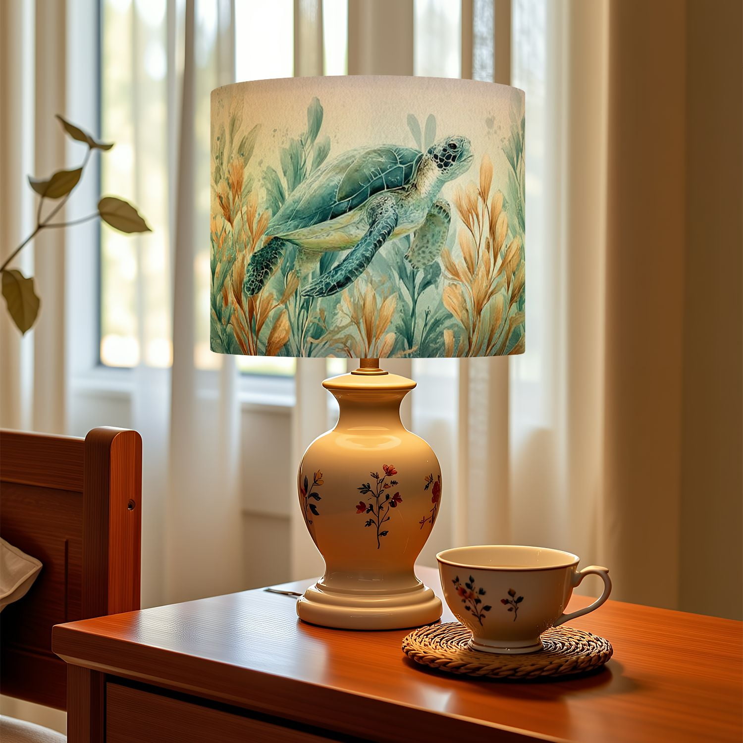 Linen Drum Lampshades Sea Turtle Teal Coral Seaweed Bubbles Ocean Watercolor Hand Painted 13"x13"x10" Light Shade for Table Lamps Floor Lamp Shades Lampshade Replacement Assembly Required