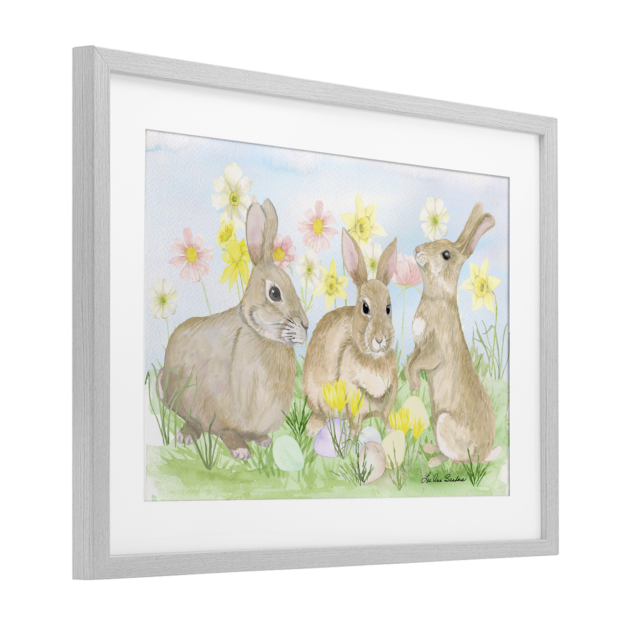 Three Bunnies In The Grass Gray Framed Print Under Glass, design by Lee Ann Sanders