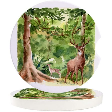 

ZHANZZK Watercolor Forest and Deer Set of 6 Car Coaster for Drinks Absorbent Ceramic Stone Coasters Cup Mat with Cork Base for Home Kitchen Room Coffee Table Bar Decor
