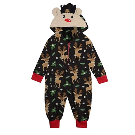 

Parent Child Wear Christmas Matching Family Christmas Siamese Pajamas Sets Deer Head Embroidery Hooded Romper PJs Zipper Jumpsuit Loungewear (Baby)