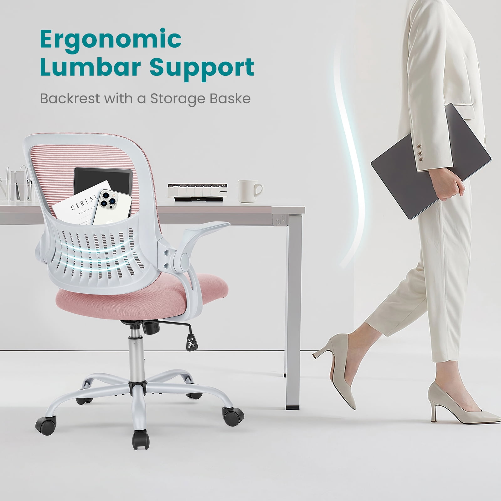 JOINSUN Office Computer Desk Chair, Ergonomic Mesh Mid-Back Rolling Work Swivel Task Chairs with Lumbar Support and Flip-up Arms for Home, Bedroom, Pink
