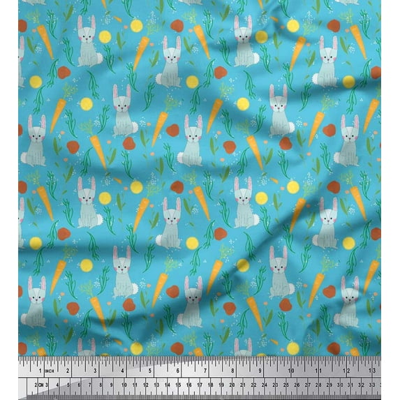 Soimoi Polyester Crepe Fabric Leaves,Carrot & Rabbit Kids Print Fabric by The Yard 42 Inch Wide