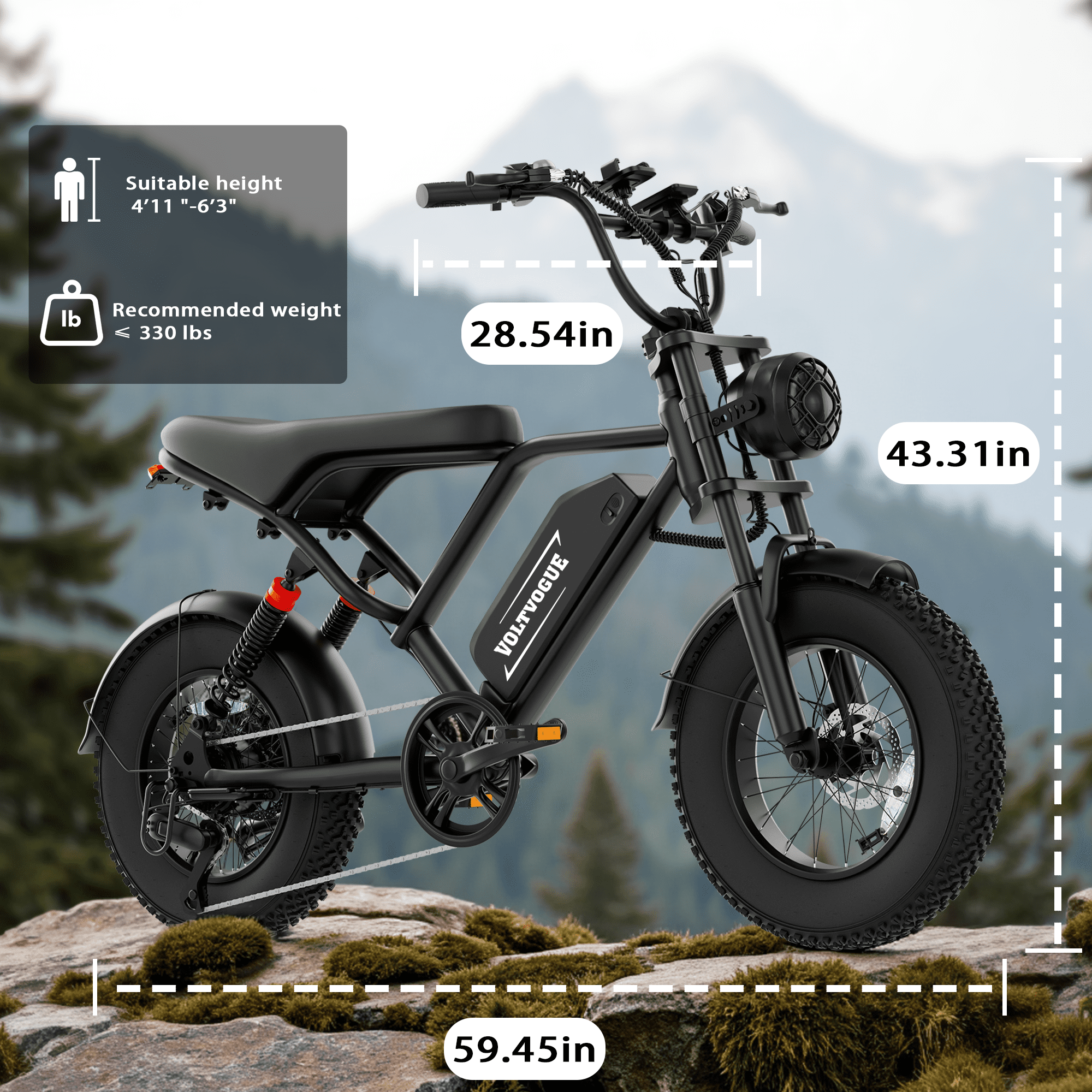 VOLTVOGUE VV-16 Adult Electric Bike, 16" Fat Tire Ebike, 48V 15.6Ah 748Wh Lithium Battery, 750W Motor, Full Suspension All-Terrain E-Bike with App Control, Recommended Age 16+ UL2849