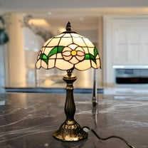 Renovators Supply Tiffany Style Table Desk Lamp Antique Brass Base Floral Stained Glass Home Decor Light for Reading, Night Lighting, Bedside Lamp 18.75" Tall Lamp