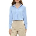 thumbnail image 1 of Camisas Elegantes para Mujeres Inspire Chic con Cuello en V y Manga Larga de Satén Suave en Azul Claro, 1 of 7