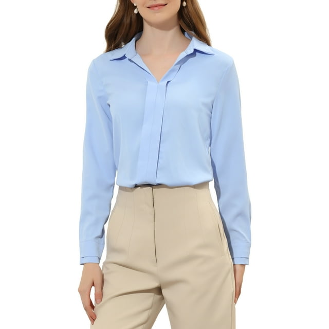 Camisas Elegantes para Mujeres Inspire Chic con Cuello en V y Manga Larga de Satén Suave en Azul Claro