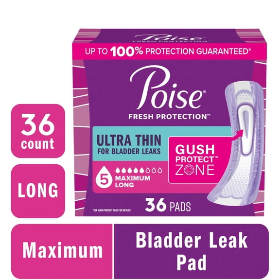 Poise Ultra Thin Incontinence Pads, 5 Drop Maximum Absorbency, Long Length, 36 Count