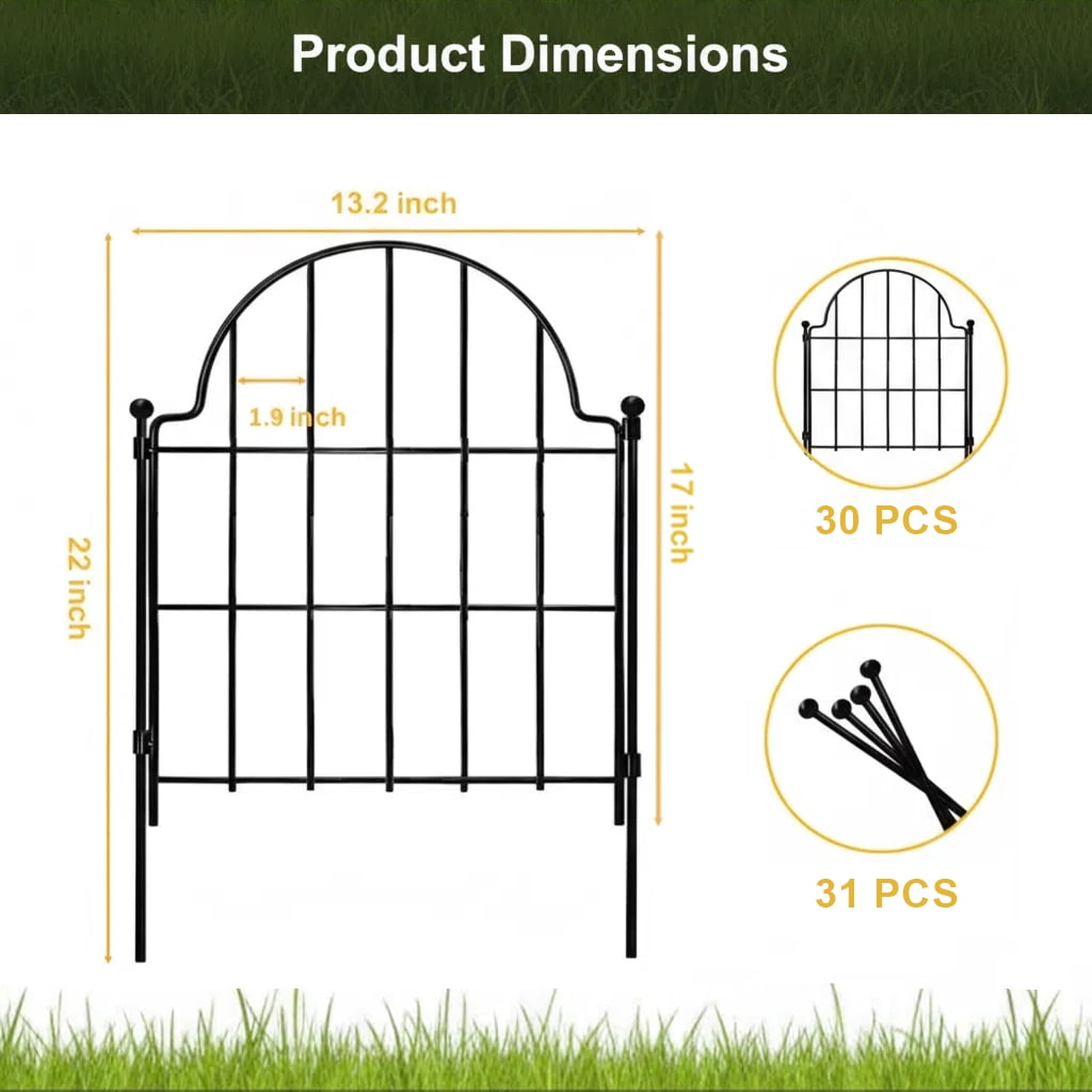Metal Garden Fence, 22 in(H) x 32.88 ft(L) Arched Rustproof Metal No Dig Fence Garden Fence Border, Ground Stake Animal Barrier Fence for Rabbit Dog, Outdoor Decor for Yard & Patio