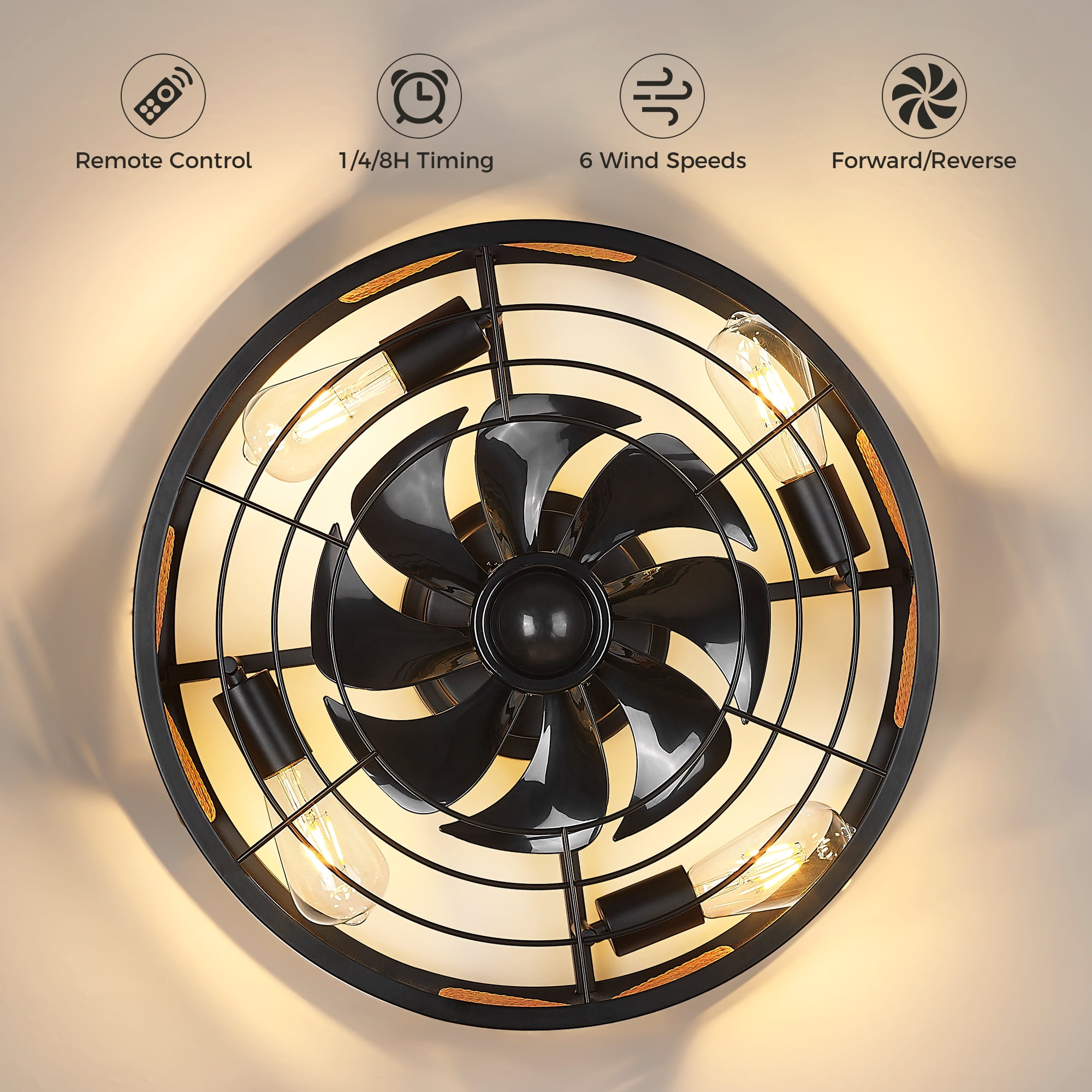 Ltmate 20 in. Indoor Black 100-240 V with Remote Control Rattan Cage Ceiling Fan with Light