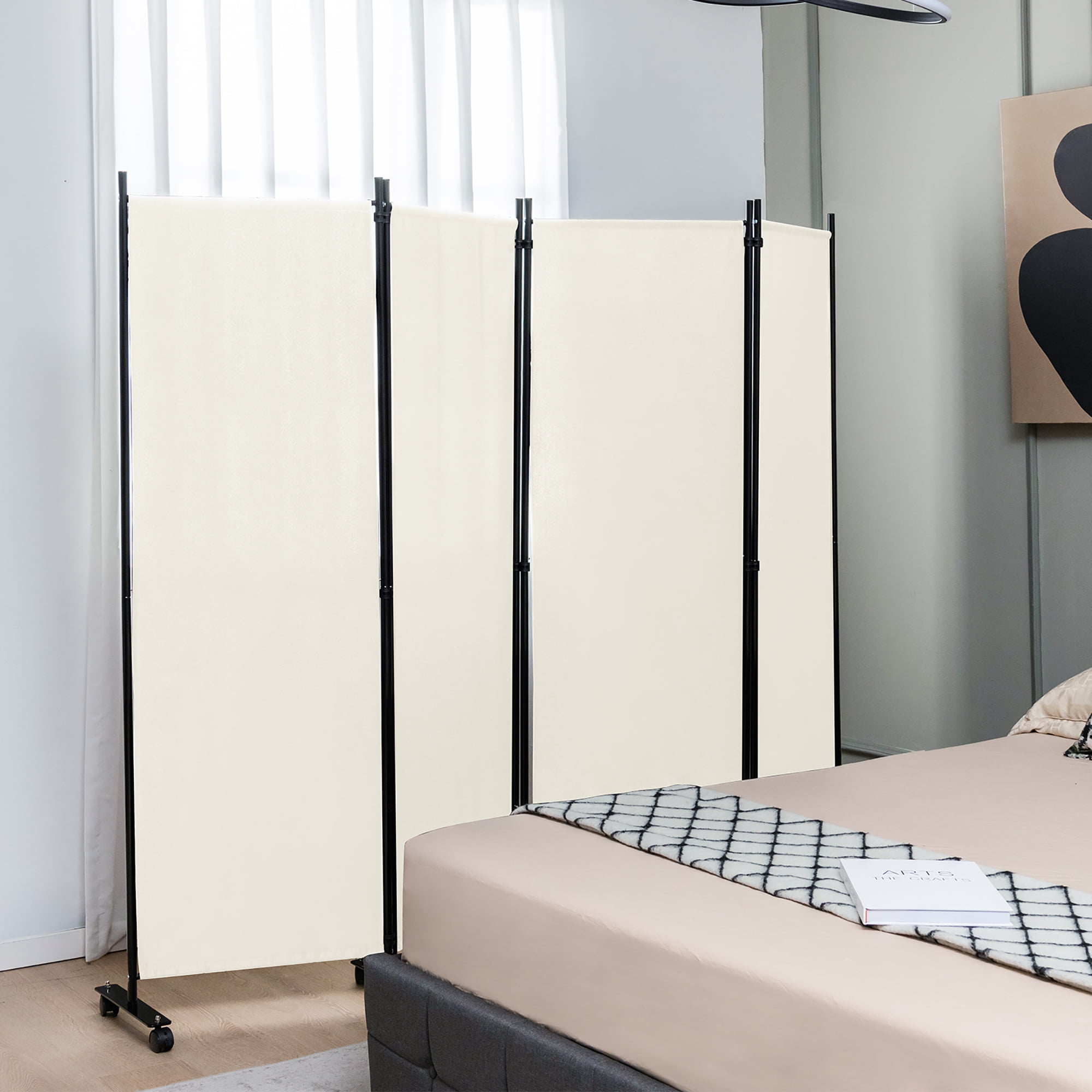 Costway 4-Panel Folding Room Divider 6FT Rolling Privacy Screen with Lockable Wheels White