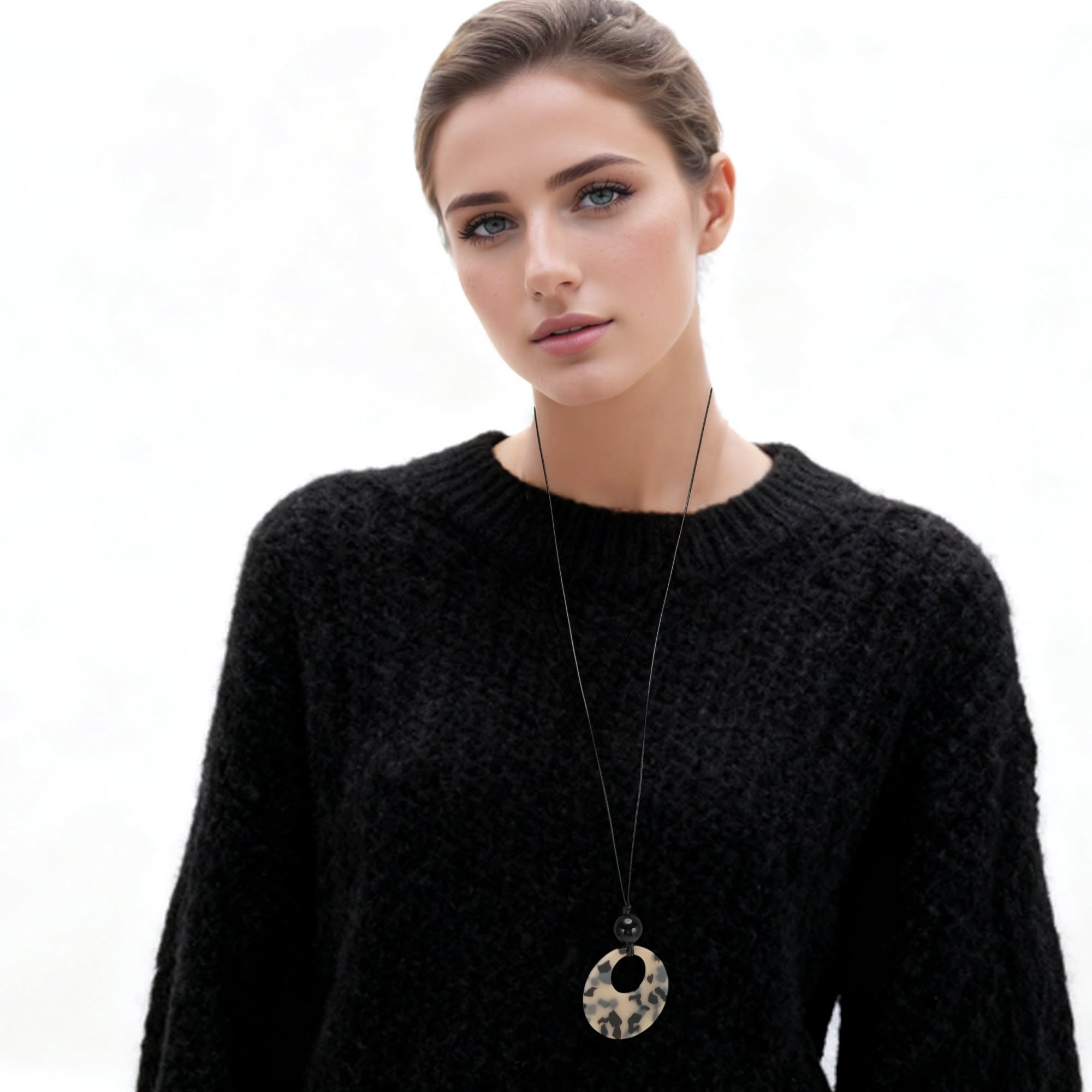 Unique Bargains Round Pendant Bohemian Long Sweater Necklace 12.2"-15.7" White Brown 1 Pc