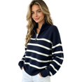 thumbnail image 5 of Dweltoz Womens Knit Sweater Quarter Zip Striped Collared Oversized Pullover Top Long Sleeve Cozy Fall Winter Casual Outfits 2026,Navy L, 5 of 5