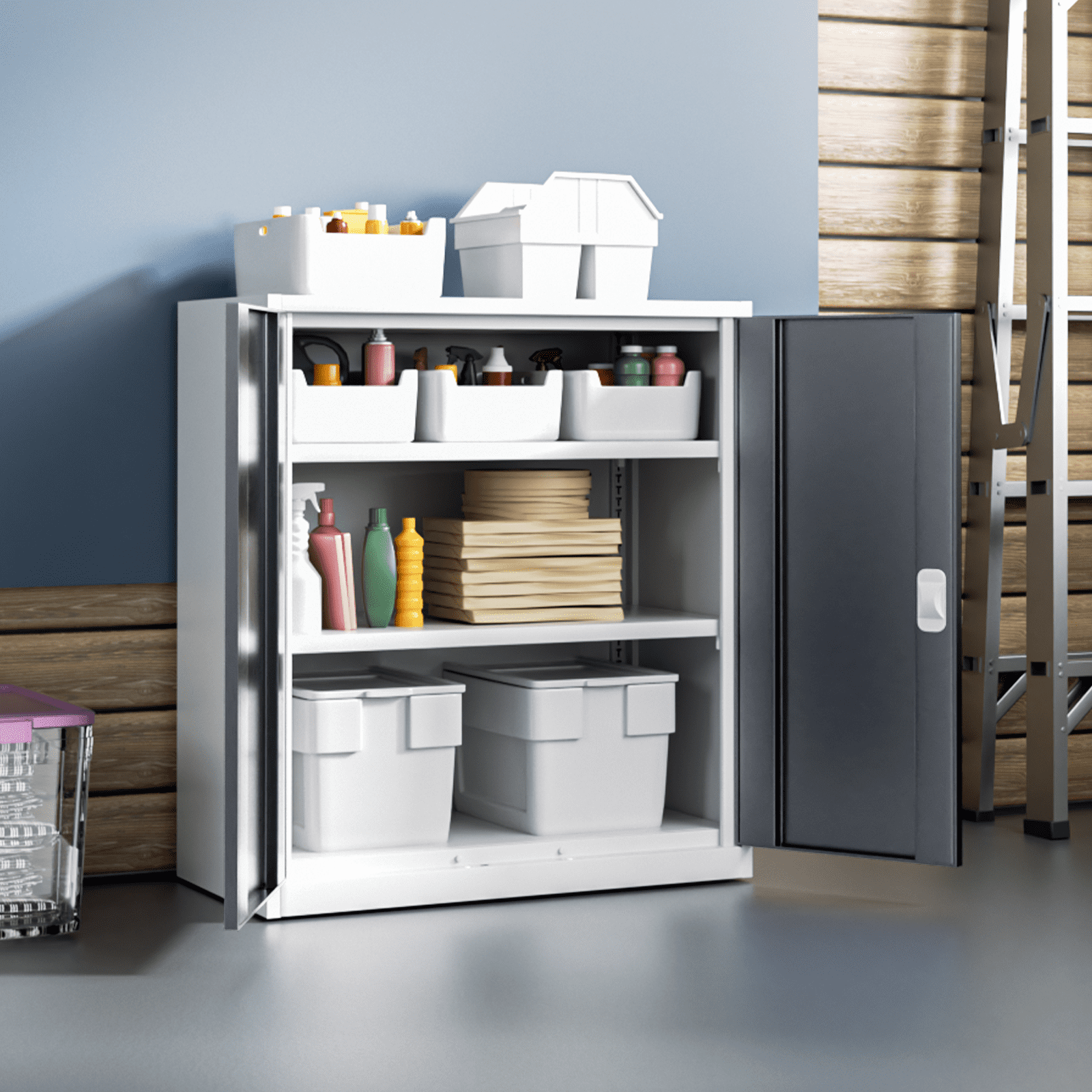 Magshion Metal Cabinet, 36" Tool Steel Locking Cabinet with Doors, Garage Storage Systems Lockable File Cabinet for Home Office Classroom, Grey White