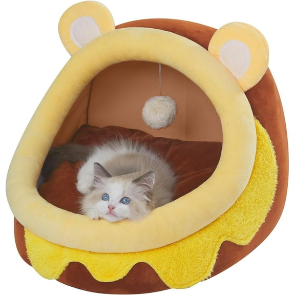Cute Cat Bed for Indoor Cats, Warm Soft Cave Fit for Cat Up to 16 Lb and Puppy, Honeypot, M