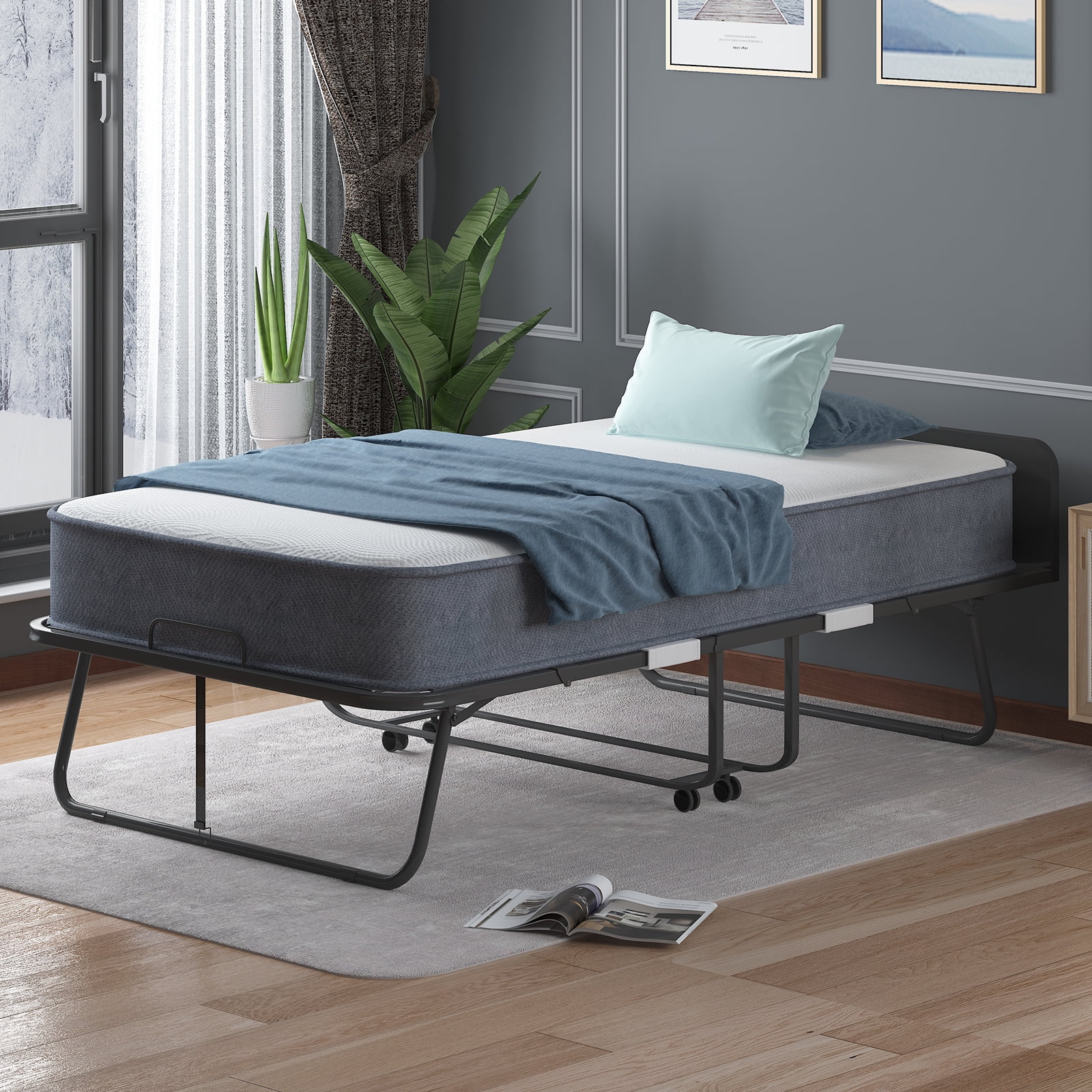 Mjkone Folding Bed with Mattress, Fold Up Bed for Small Space, Foldable Bed with Lockable Wheels