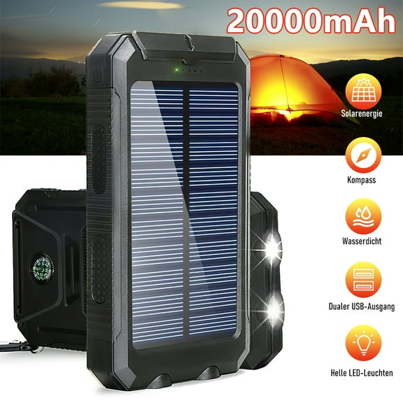 Solar Charger Power Bank,DFITO 20000mAh Portable Phone Charger with 2 USB Ports Built-in LED Flashlight, 15W Fast Charging Waterproof Solar Panel Charger for Cell Phone