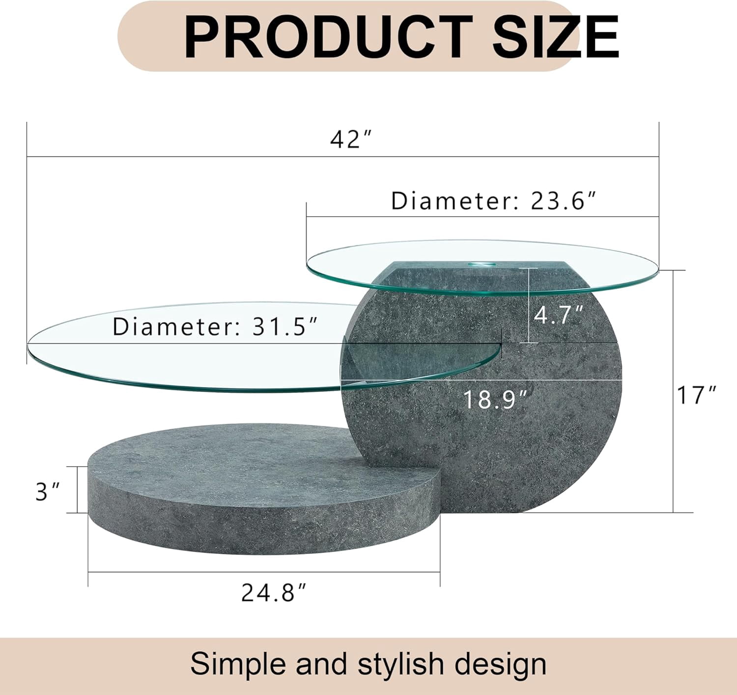 StnTalk 42" Round Coffee Table, 3-Tier Glass Coffee Table with Imitation Stone Pattern MDF Base, Modern Storage Center Table for Living Room, Small Space, Apartment
