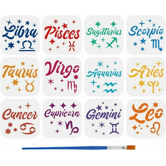12PCS Zodiac Words Stencils with Brush 3.94x3.94inch Zodiac Signs Constellation Text Drawing Template Decoration Fantasy Theme Stencil