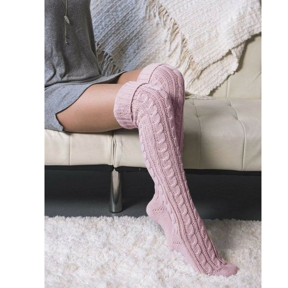 Women Winter Thicken Knit Woolen Yarn Over Knee Stocking High Leg Warmer Socks 