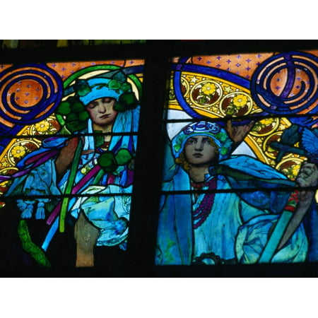 Stained-Glass Windows with Art Nouveau Mucha Designs in St. Vitus Cathedral, Prague, Czech Republic Print Wall Art By Richard