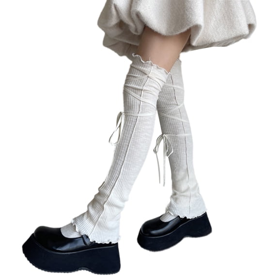 Aesthetic Leggings Gaiters Soft Ribbed Thigh High Winter Leg Warmers Ruffle Trim Footless Socks with Lace Up Bandage