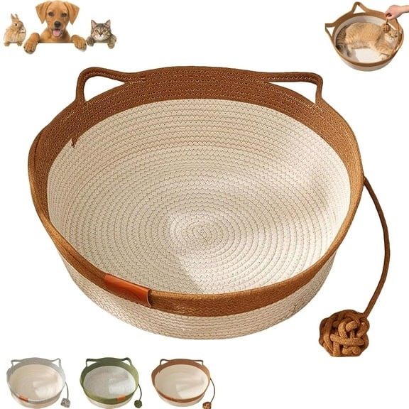 Instinct Basket,Cat Bed with Interactive Toy Tail & Cat Ear Design, Breathable All Season & Scratch-Resistant Woven Cotton Rope Basket for Indoor Cats