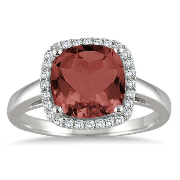 SZUL Women's 3 1/2 Carat Cushion Cut Garnet and Diamond Halo Ring in 10K White Gold