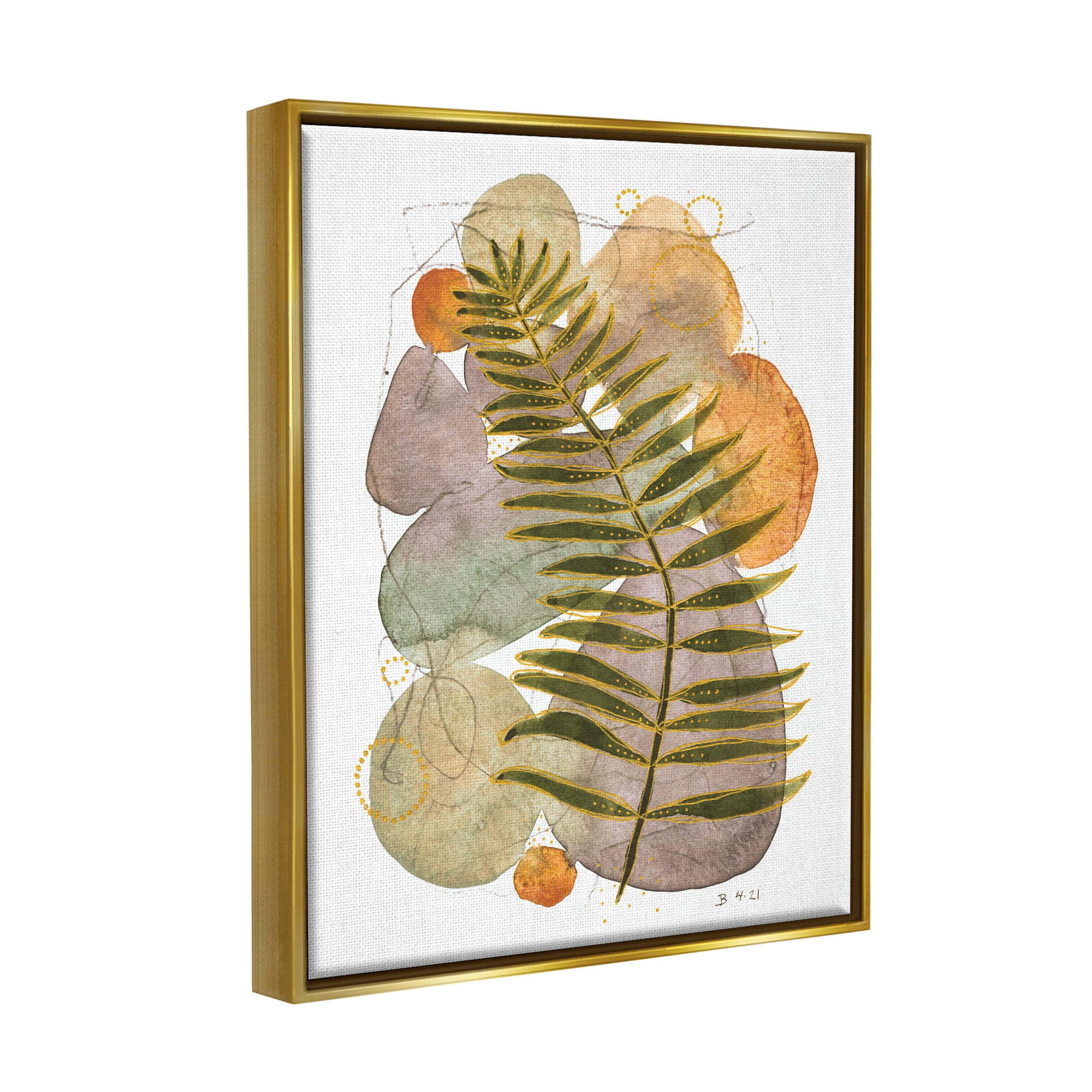 Stupell Industries Abstract Fern & Pebbles Botanical & Floral Painting Gold Floater Framed Art Print Wall Art, 17 x 21