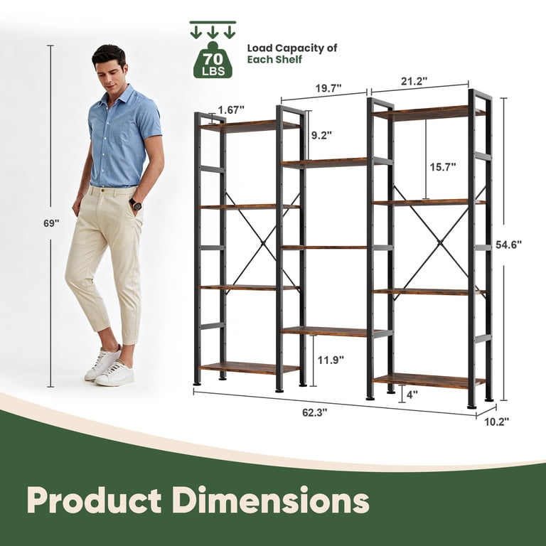 CONCETTA Triple 4-Tier Bookshelf with 12 Shelves, Rust Brown photo 6