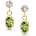 thumbnail image 2 of Gem Stone King 14K Yellow Gold Green Peridot and White Created Sapphire Drop Dangle Earrings for Women (1.26 Cttw, Gemstone Birthstone, Oval 6X4MM, Round 3MM), 2 of 4