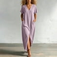thumbnail image 2 of Hduncf Linen Dress Women Summer Casual Loose Kaftan Dresses Solid Color Beach Vacation Cover Up Cotton Maxi Dress Loungewear Purple XL, 2 of 8