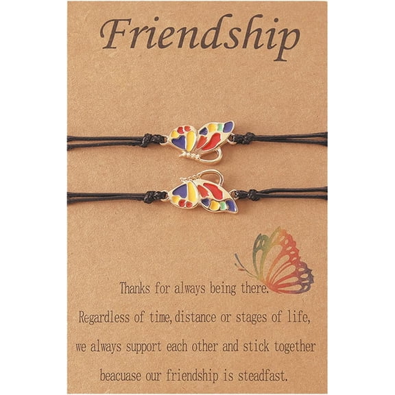 2Pcs Butterfly Friendship Braide Rope Bracelet Set with Card Adjustable Animal Bracelet for Women Best Friend Long Distance Matching Jewelry Birthday Gift