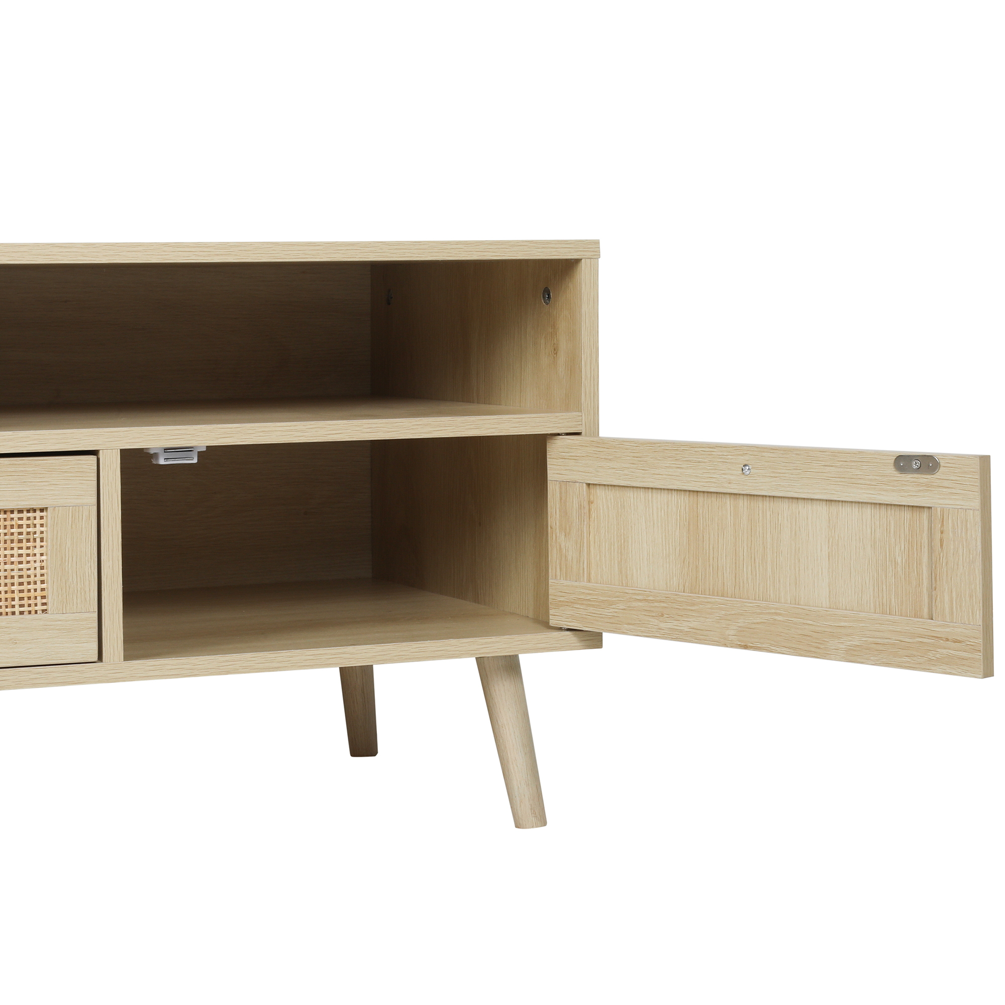 Hommoo Rattan TV Stand with Solid Wood Feet, TV Storage Shelf Cabinet, Modern TV Console Table for Home and Office, Natural