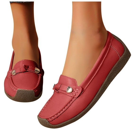 Eltusu Women Loafer Flat Shoes, No Slip Comfort Breathable Round Toe Dress Shoes Red Size 7