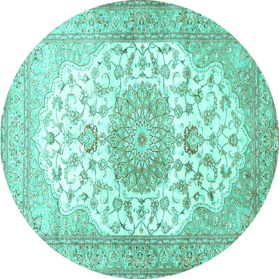 Ahgly Company Machine Washable Indoor Round Medallion Turquoise Blue Traditional Area Rugs, 5' Round